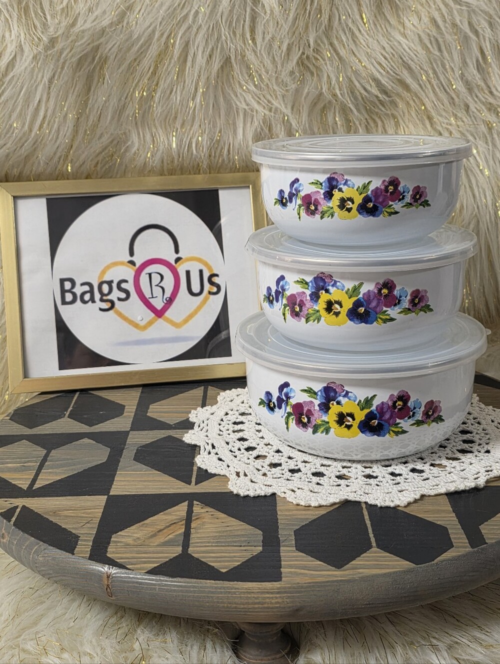 GMI 3 Bowl Set Enamel ware Metal Storage Mixing Nesting Pansies Flowers Vintage